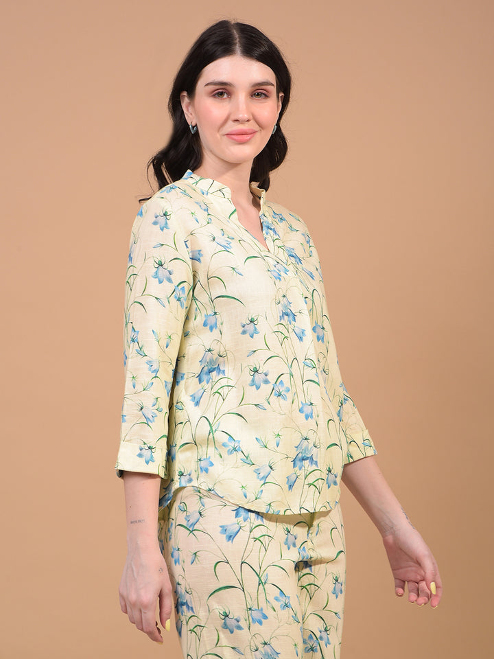 Women's Green Floral Print V-Neck Linen Top-Women Tops-Crimsoune Club