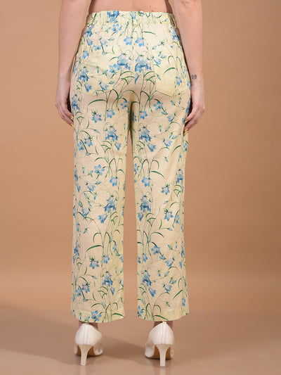 Women's Green Floral Print Wide-Leg Linen Trousers-Women Trousers-Crimsoune Club