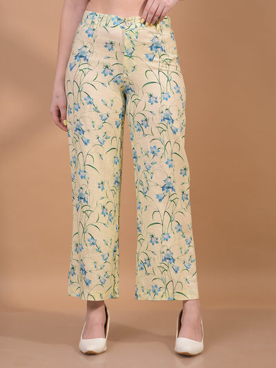 Women's Green Floral Print Wide-Leg Linen Trousers-Women Trousers-Crimsoune Club