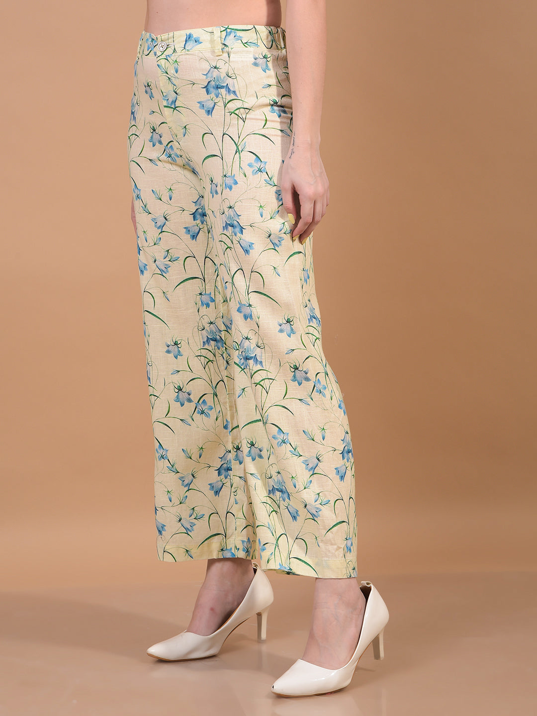 Women's Green Floral Print Wide-Leg Linen Trousers-Women Trousers-Crimsoune Club