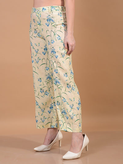 Women's Green Floral Print Wide-Leg Linen Trousers-Women Trousers-Crimsoune Club
