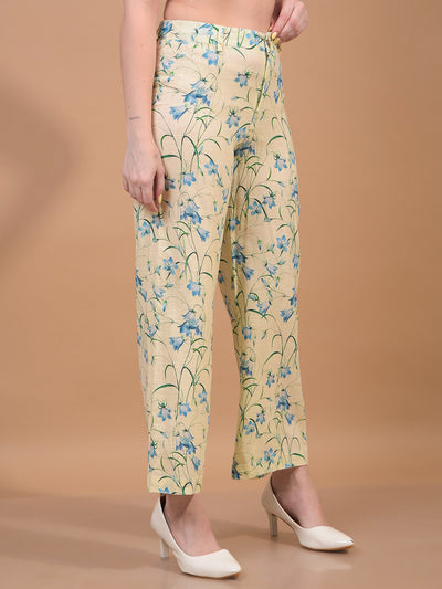 Women's Green Floral Print Wide-Leg Linen Trousers-Women Trousers-Crimsoune Club