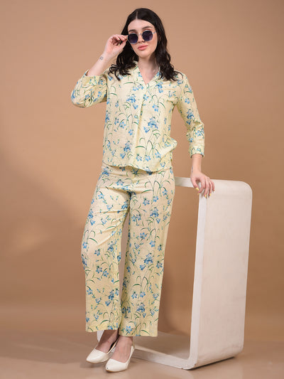 Women's Green Floral Print Wide-Leg Linen Trousers-Women Trousers-Crimsoune Club