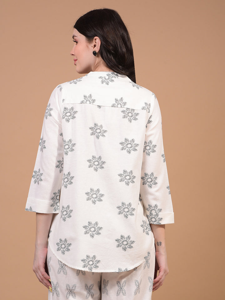 Women's White Floral Print V-Neck Linen Top-Women Tops-Crimsoune Club