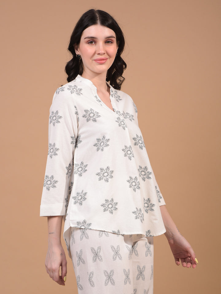 Women's White Floral Print V-Neck Linen Top-Women Tops-Crimsoune Club