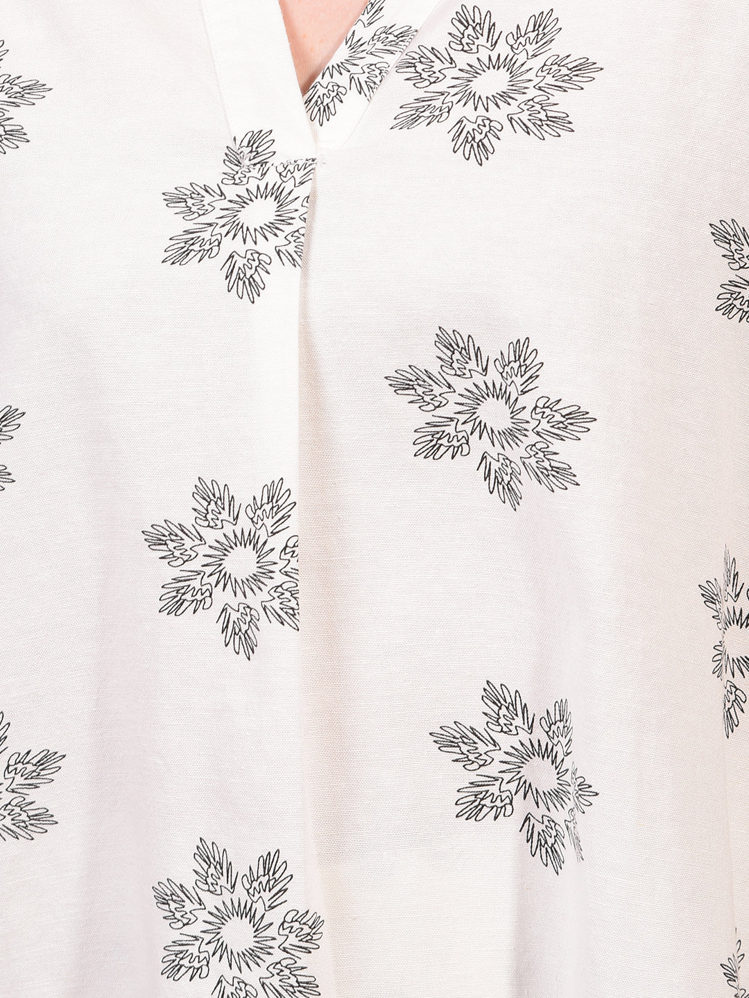 Women's White Floral Print V-Neck Linen Top-Women Tops-Crimsoune Club