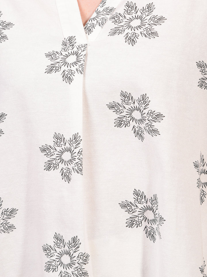 Women's White Floral Print V-Neck Linen Top-Women Tops-Crimsoune Club