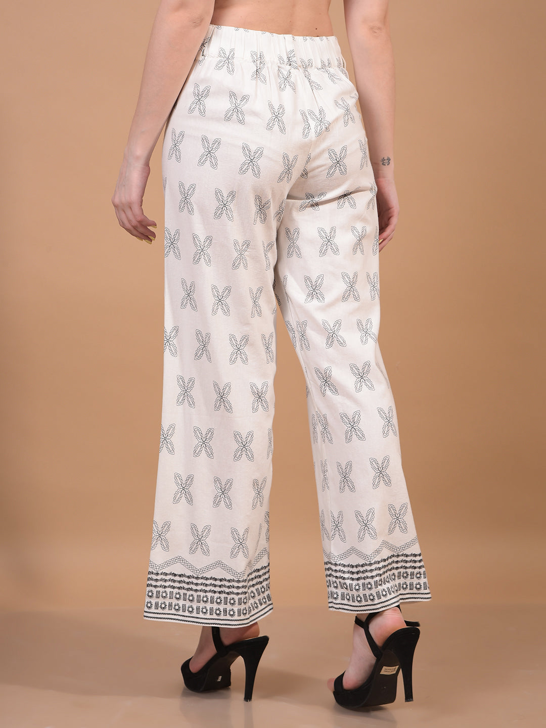 Women's White Printed Wide-Leg Linen Trousers-Women Trousers-Crimsoune Club