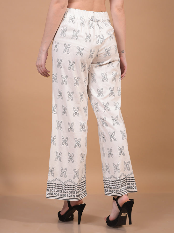 Women's White Printed Wide-Leg Linen Trousers-Women Trousers-Crimsoune Club