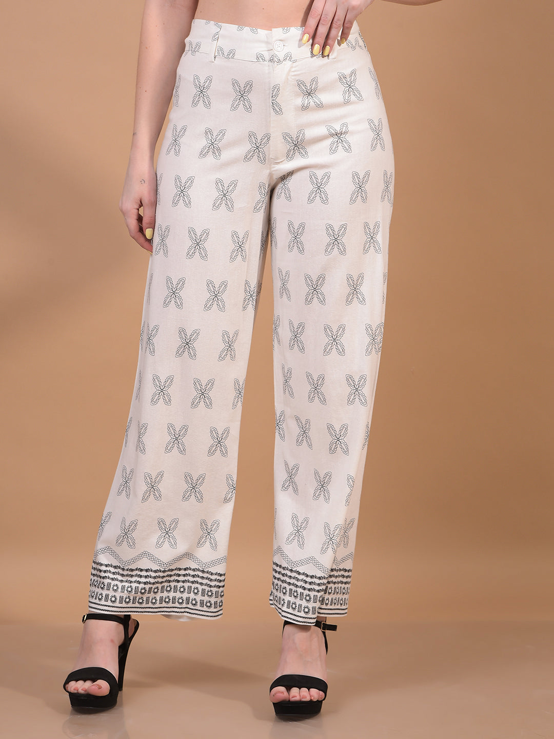 Women's White Printed Wide-Leg Linen Trousers-Women Trousers-Crimsoune Club