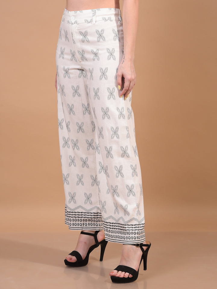 Women's White Printed Wide-Leg Linen Trousers-Women Trousers-Crimsoune Club