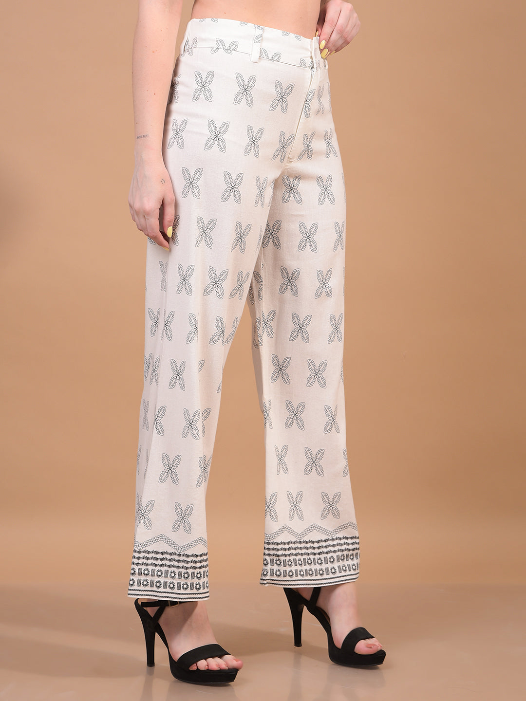 Women's White Printed Wide-Leg Linen Trousers-Women Trousers-Crimsoune Club