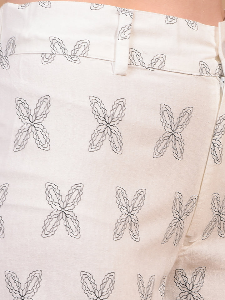 Women's White Printed Wide-Leg Linen Trousers-Women Trousers-Crimsoune Club