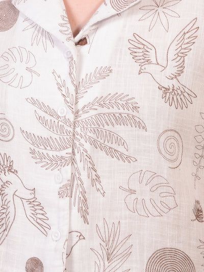 Women's White Floral Print Cropped Linen Shirt-Women Shirts-Crimsoune Club