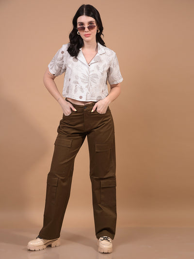 Women's White Floral Print Cropped Linen Shirt-Women Shirts-Crimsoune Club