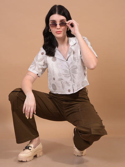 Women's White Floral Print Cropped Linen Shirt-Women Shirts-Crimsoune Club