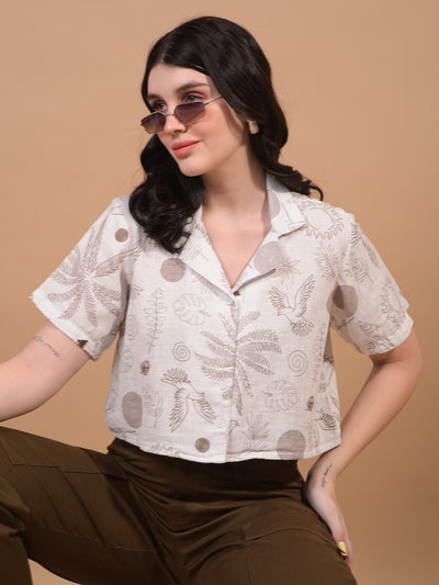 Women's White Floral Print Cropped Linen Shirt-Women Shirts-Crimsoune Club