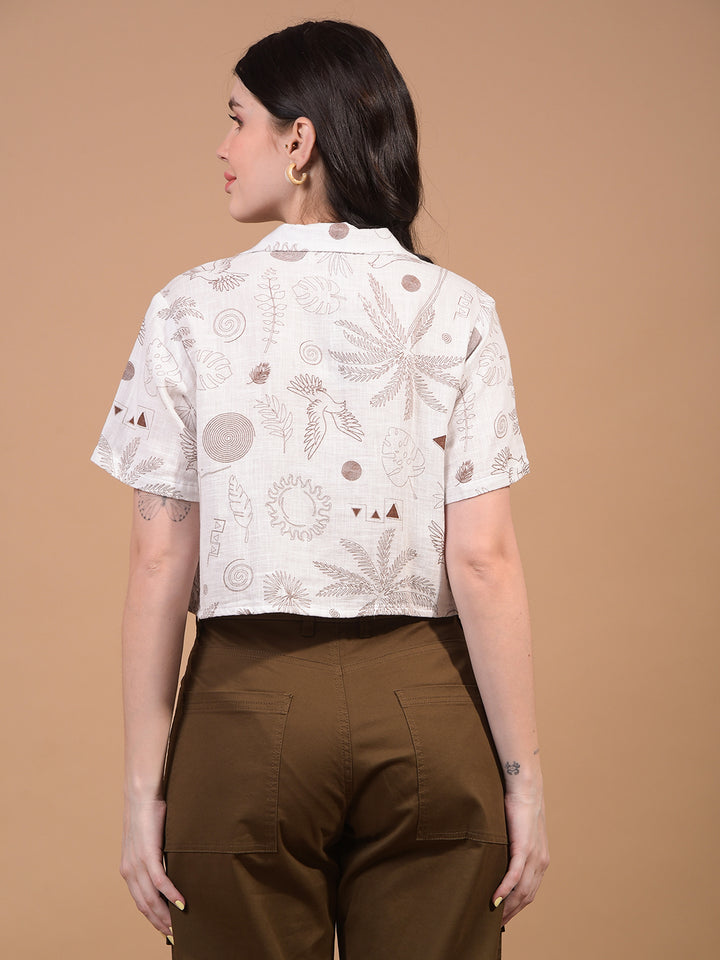 Women's White Floral Print Cropped Linen Shirt-Women Shirts-Crimsoune Club