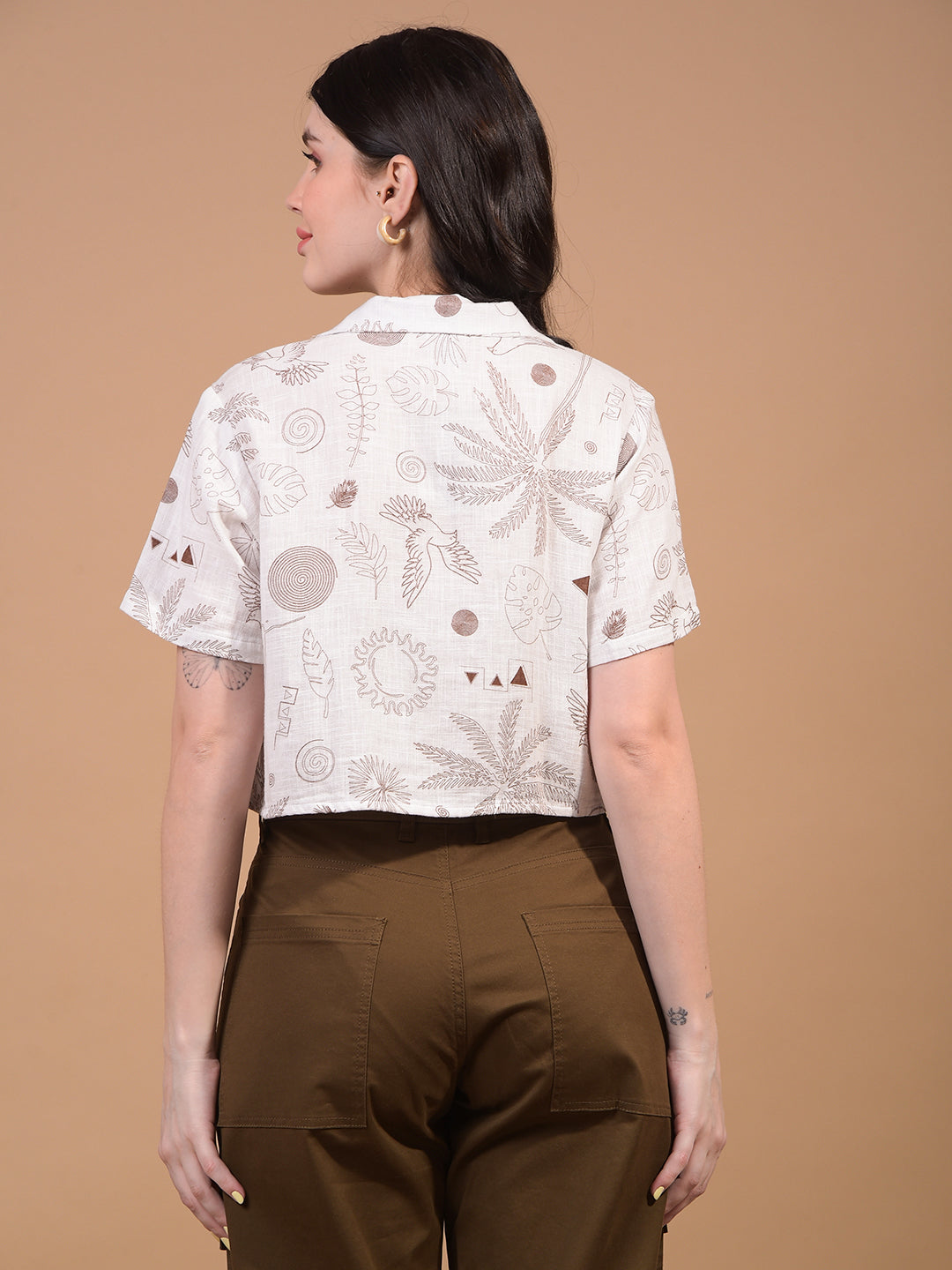 Women's White Floral Print Cropped Linen Shirt-Women Shirts-Crimsoune Club