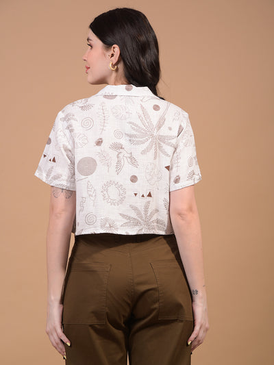 Women's White Floral Print Cropped Linen Shirt-Women Shirts-Crimsoune Club