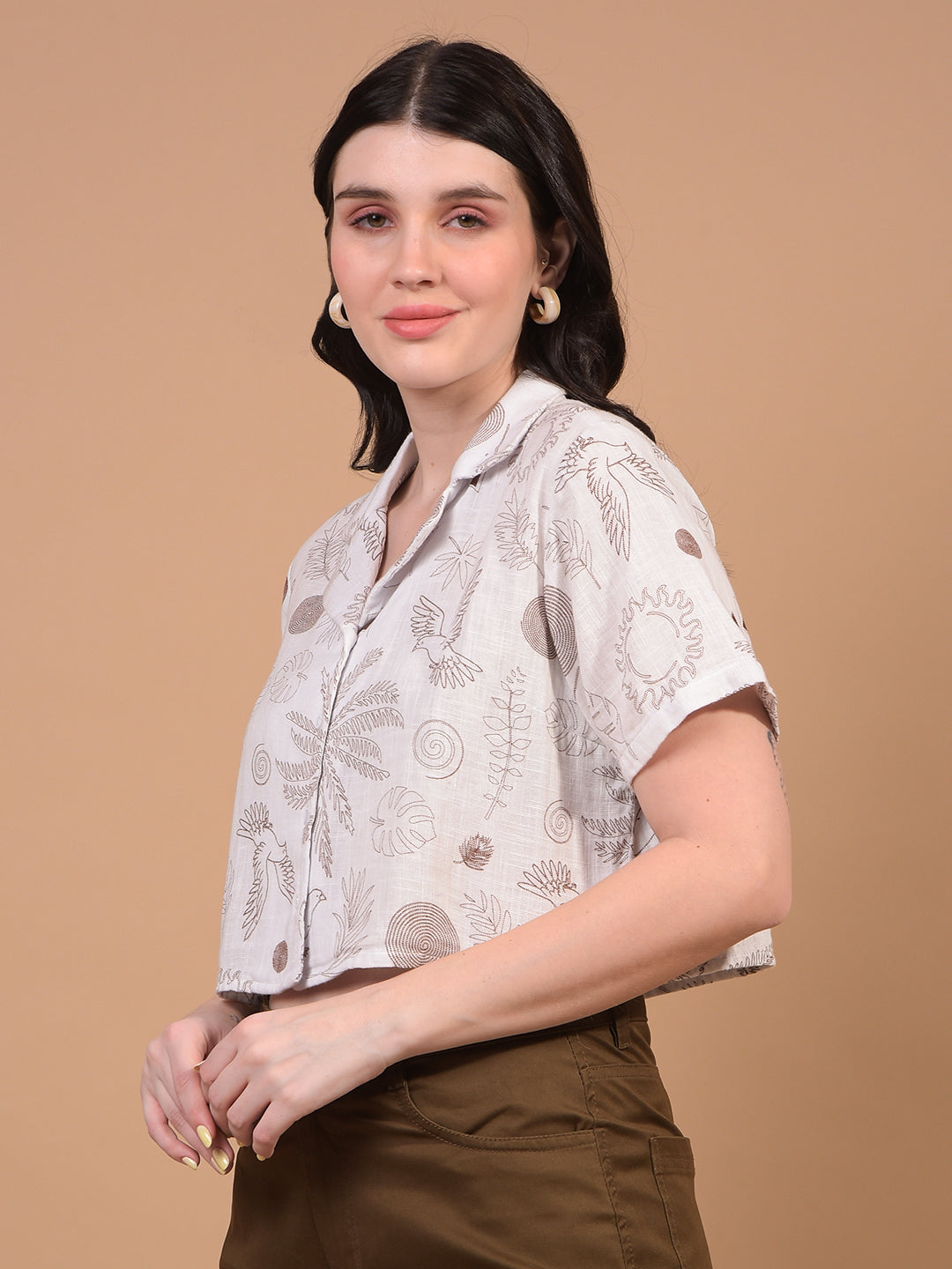 Women's White Floral Print Cropped Linen Shirt-Women Shirts-Crimsoune Club