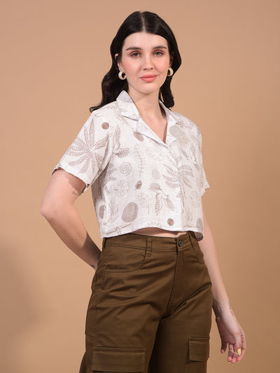 Women's White Floral Print Cropped Linen Shirt-Women Shirts-Crimsoune Club