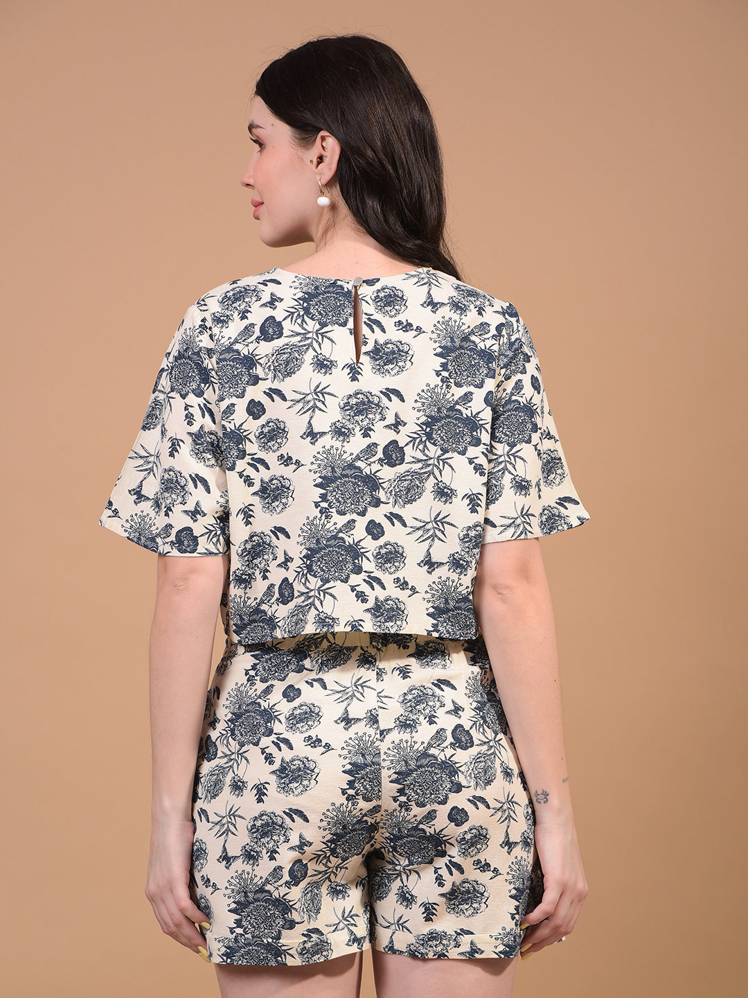 Women's Navy Blue Floral Print Cropped Linen Top-Women Tops-Crimsoune Club