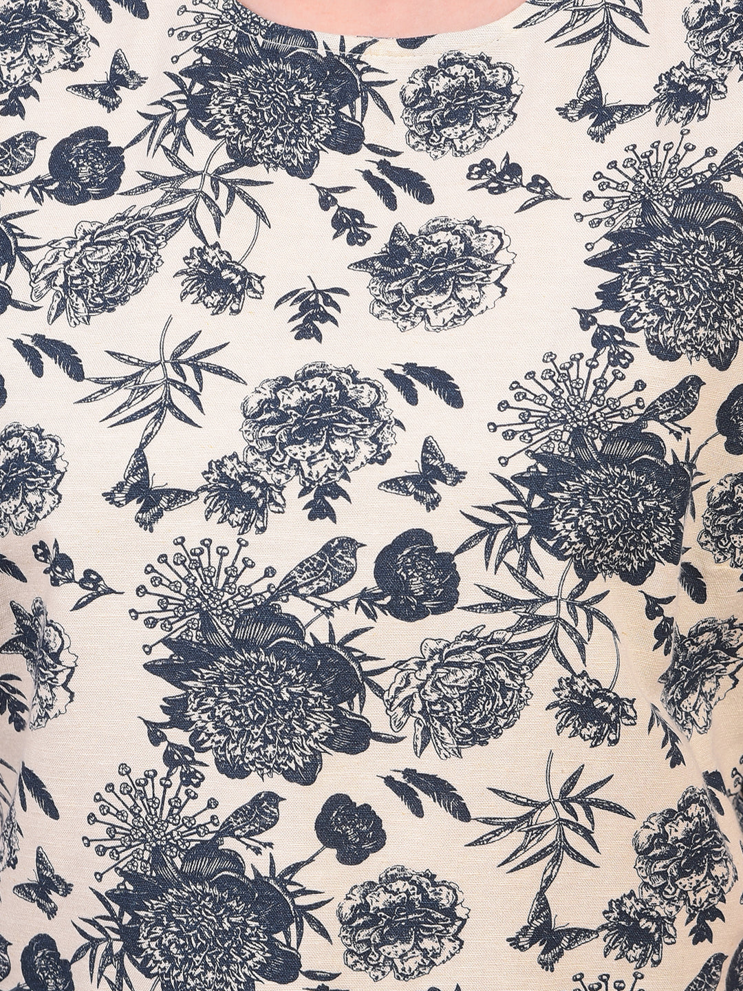 Women's Navy Blue Floral Print Cropped Linen Top-Women Tops-Crimsoune Club