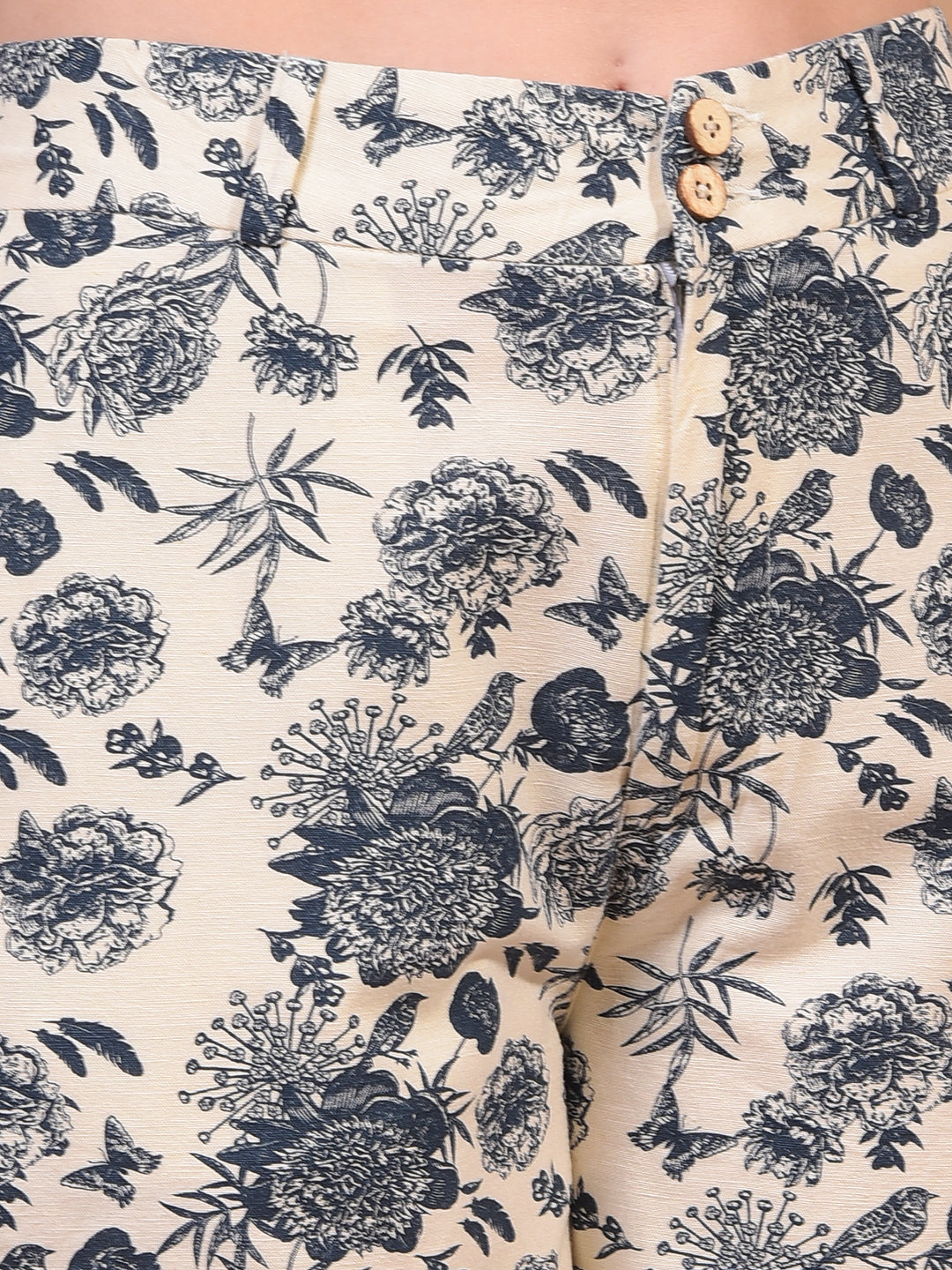 Women's Blue Floral Print Linen Shorts-Women Shorts-Crimsoune Club