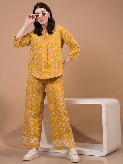 Women's Mustard Embroidered V-Neck 100% Cotton Top-Women Tops-Crimsoune Club