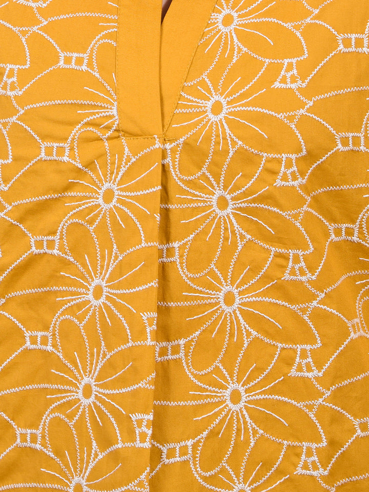 Women's Mustard Embroidered V-Neck 100% Cotton Top-Women Tops-Crimsoune Club