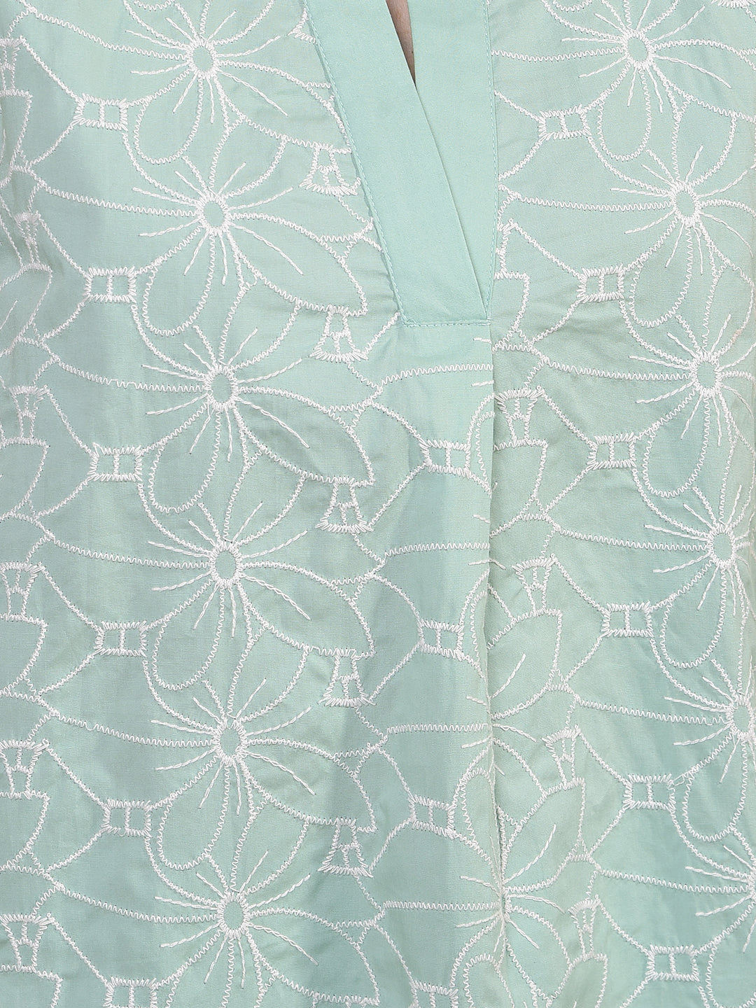 Women's Green Embroidered V-Neck 100% Cotton Top-Women Tops-Crimsoune Club