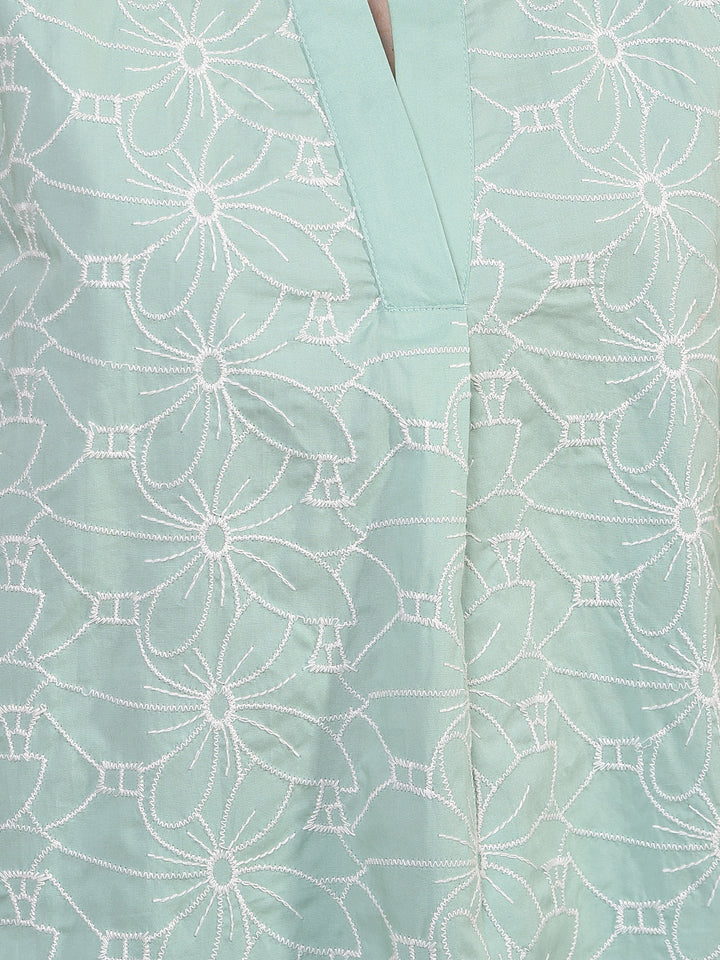 Women's Green Embroidered V-Neck 100% Cotton Top-Women Tops-Crimsoune Club