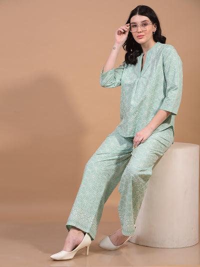 Women's Green Embroidered V-Neck 100% Cotton Top-Women Tops-Crimsoune Club