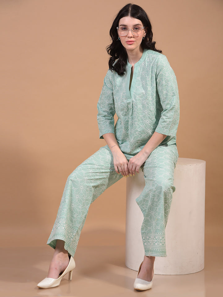 Women's Green Embroidered V-Neck 100% Cotton Top-Women Tops-Crimsoune Club
