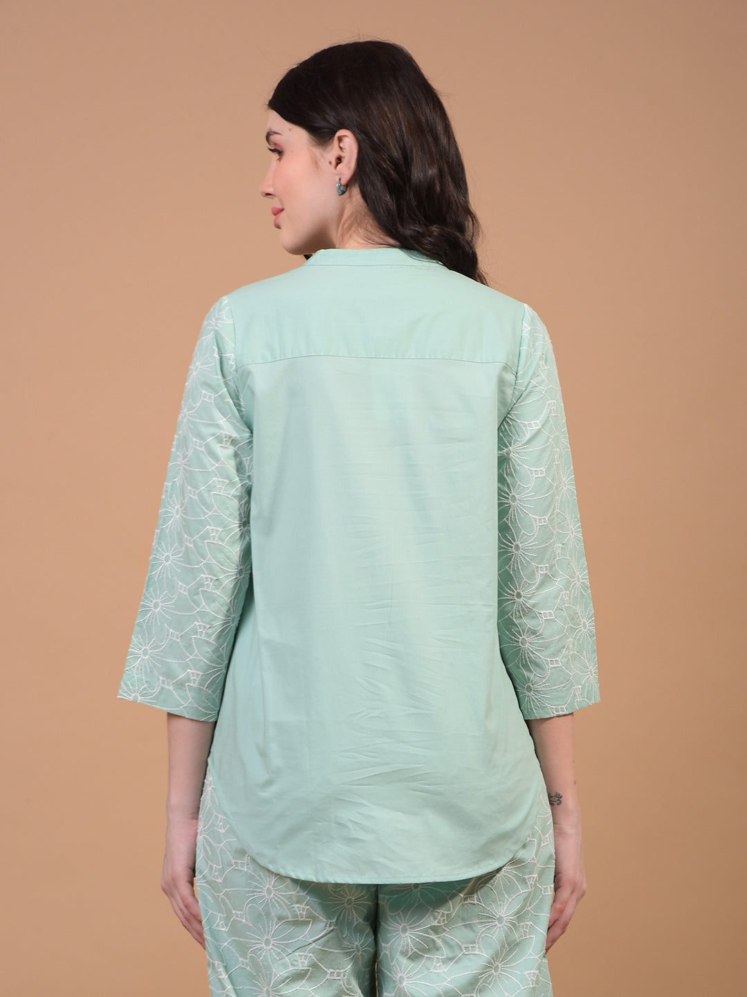 Women's Green Embroidered V-Neck 100% Cotton Top-Women Tops-Crimsoune Club