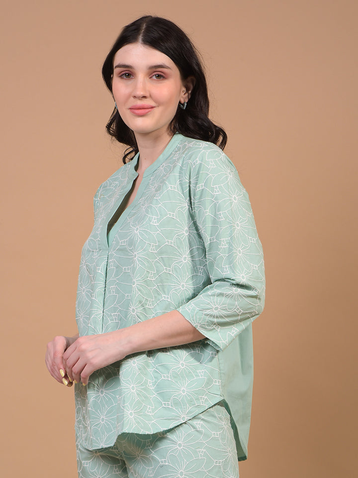 Women's Green Embroidered V-Neck 100% Cotton Top-Women Tops-Crimsoune Club