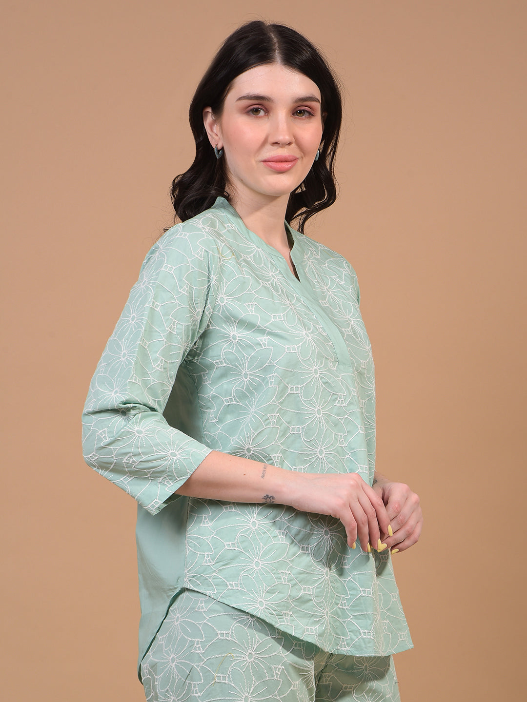 Women's Green Embroidered V-Neck 100% Cotton Top-Women Tops-Crimsoune Club