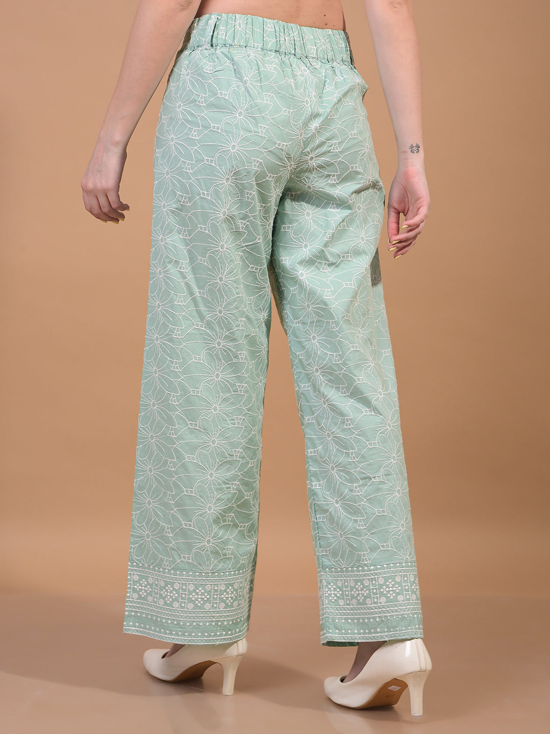 Women's Green Embroidered Wide-Leg 100% Cotton Trousers-Women Trousers-Crimsoune Club