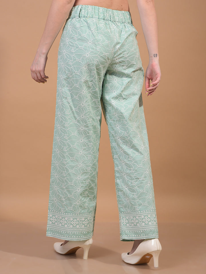 Women's Green Embroidered Wide-Leg 100% Cotton Trousers-Women Trousers-Crimsoune Club