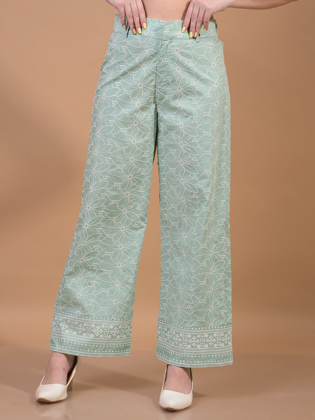 Women's Green Embroidered Wide-Leg 100% Cotton Trousers-Women Trousers-Crimsoune Club