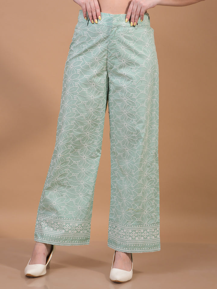 Women's Green Embroidered Wide-Leg 100% Cotton Trousers-Women Trousers-Crimsoune Club