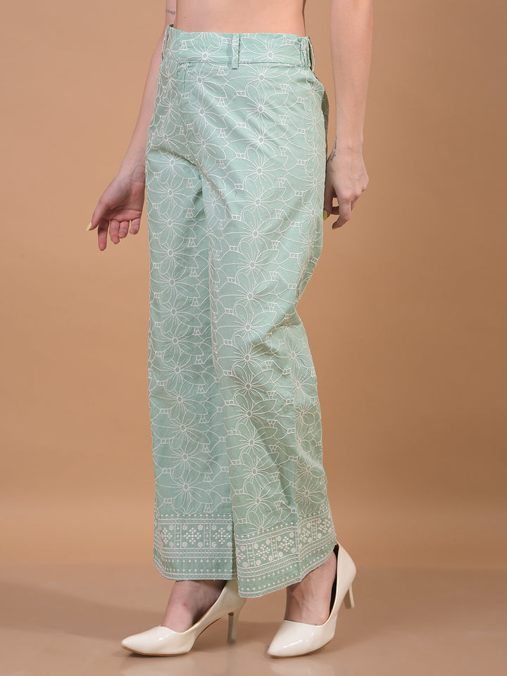 Women's Green Embroidered Wide-Leg 100% Cotton Trousers-Women Trousers-Crimsoune Club