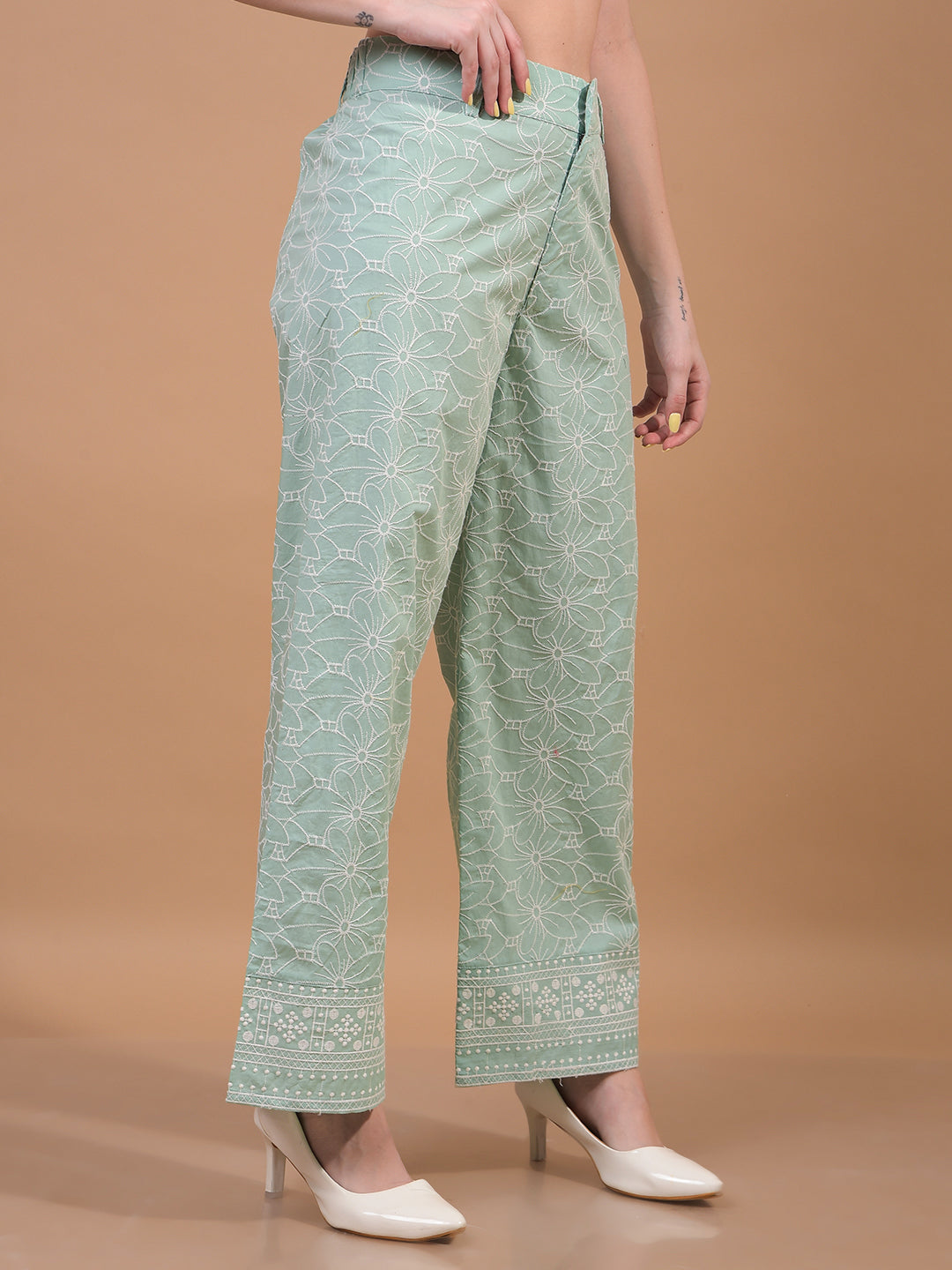 Women's Green Embroidered Wide-Leg 100% Cotton Trousers-Women Trousers-Crimsoune Club