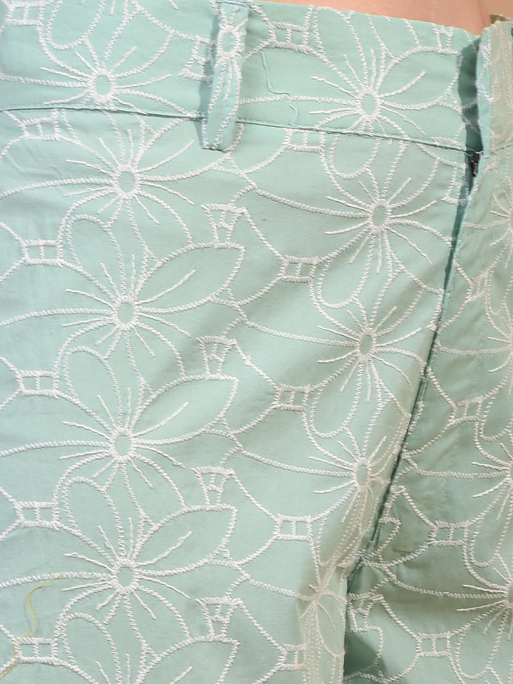 Women's Green Embroidered Wide-Leg 100% Cotton Trousers-Women Trousers-Crimsoune Club