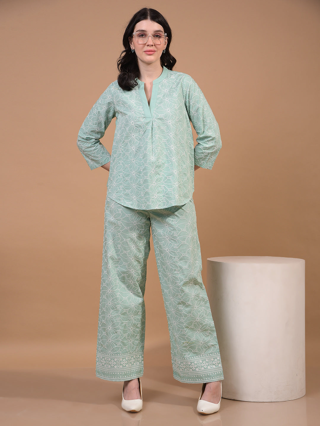Women's Green Embroidered Wide-Leg 100% Cotton Trousers-Women Trousers-Crimsoune Club