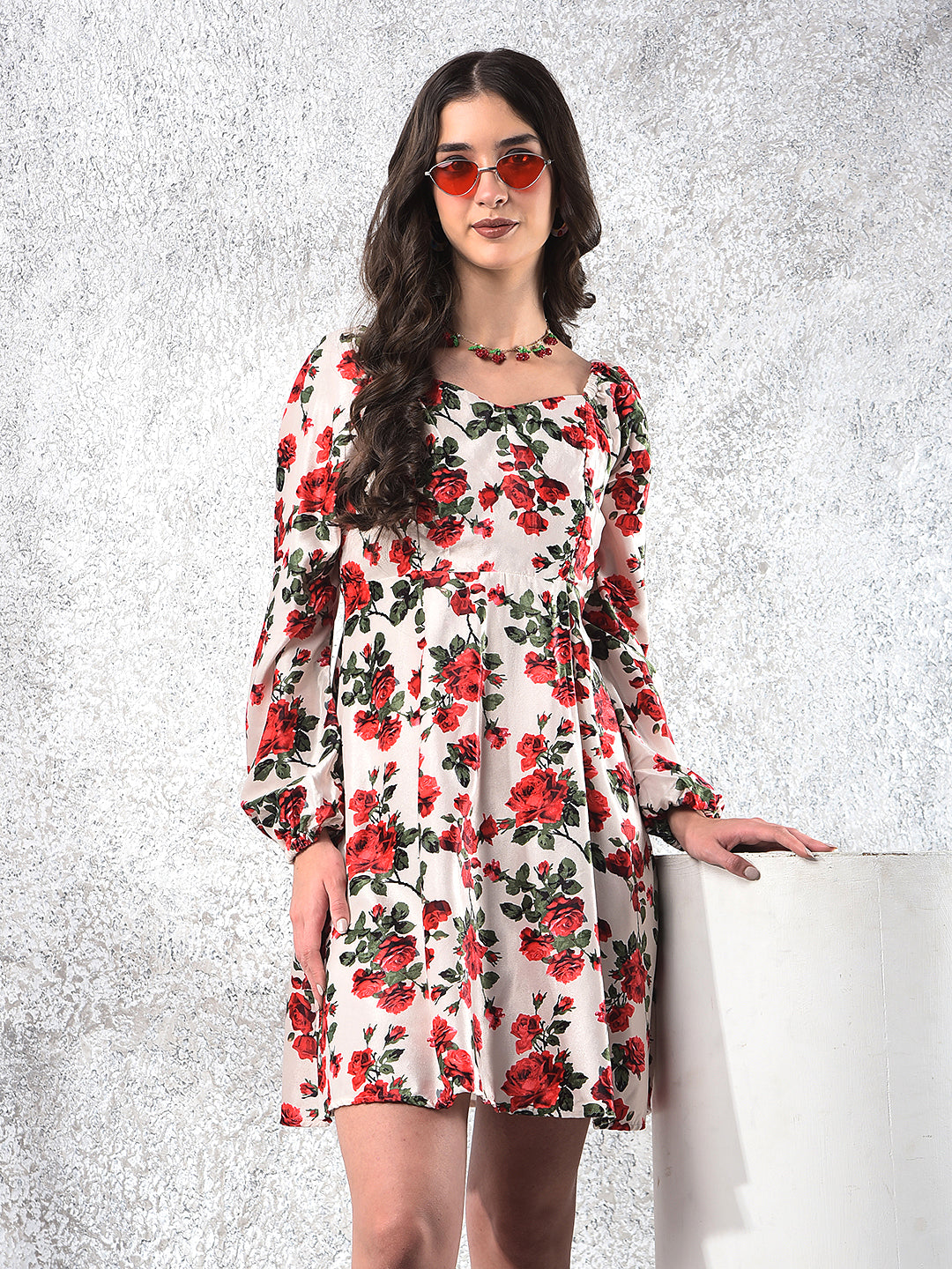 Red Floral Print Square Neck A-Line Dress-Women Dresses-Crimsoune Club