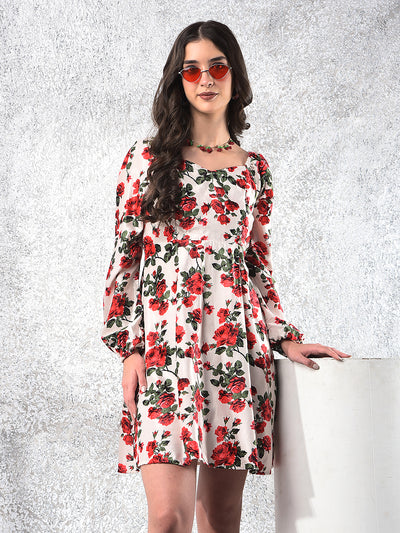 Red Floral Print Square Neck A-Line Dress-Women Dresses-Crimsoune Club