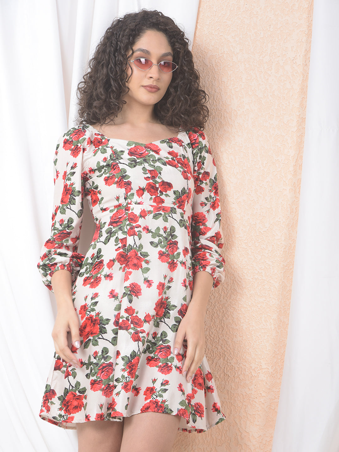 Red Floral Print Square Neck A-Line Dress-Women Dresses-Crimsoune Club