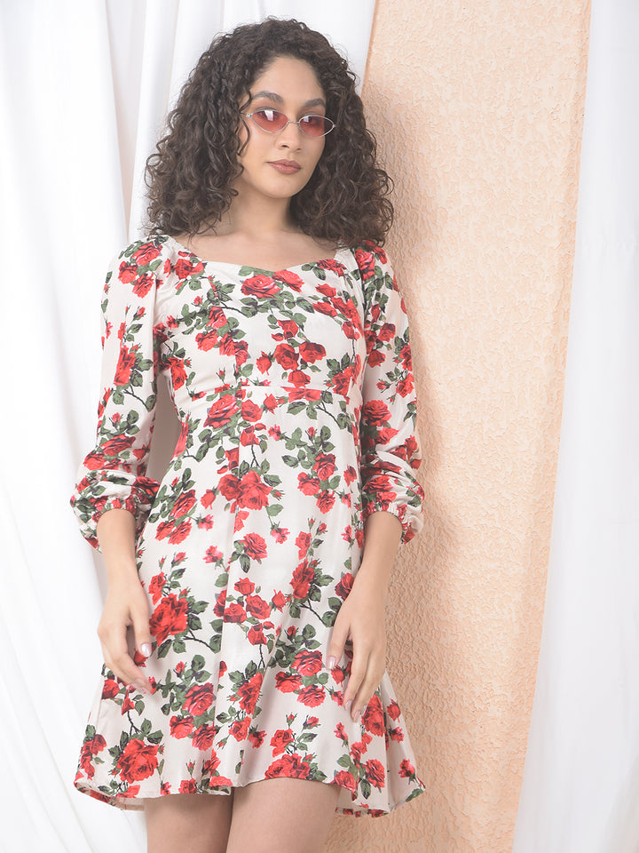 Red Floral Print Square Neck A-Line Dress-Women Dresses-Crimsoune Club